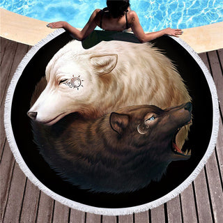 Yin and Yang Wolves Round Beach Towel